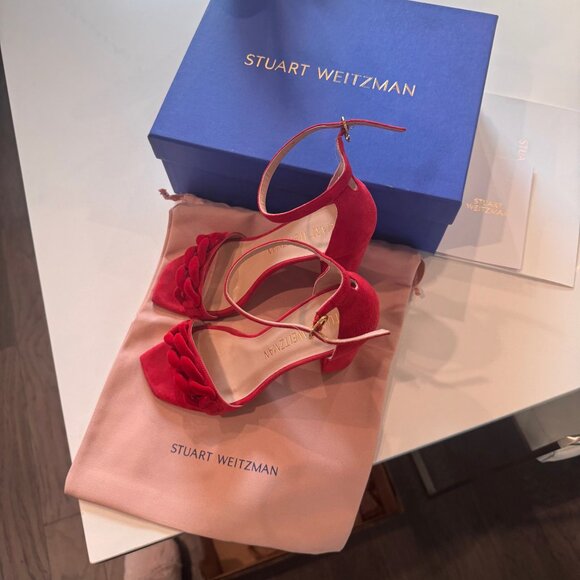 Stuart Weitzman Amelina Ankle Strap Sandal Size 9  Red Suede Velvet Chain - Picture 1 of 4